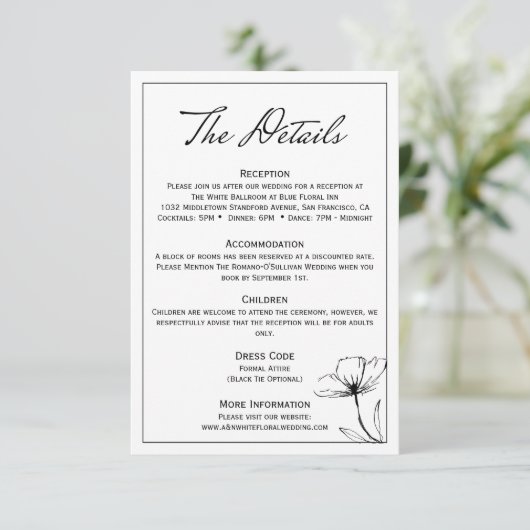 白黒エレガントモダンな結婚式詳細 エンクロージャーカード (スタンド正面)