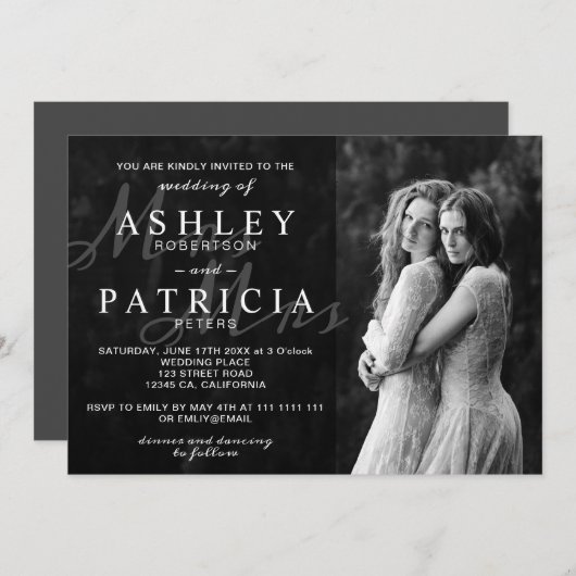 白黒エレガントモダンフォトシック結婚ズ 招待状 (正面/裏面)