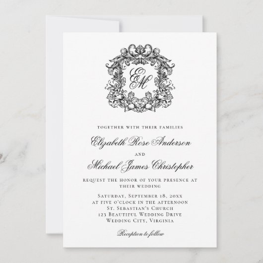 白黒エレガントモノグラムの結婚紋章 招待状 (正面)