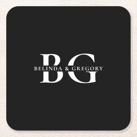 白黒エレガントモノグラムイニシャル結婚ズ スクエアペーパーコースター (正面)