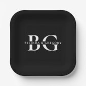 白黒エレガントモノグラムイニシャル結婚ズ ペーパープレート (正面)