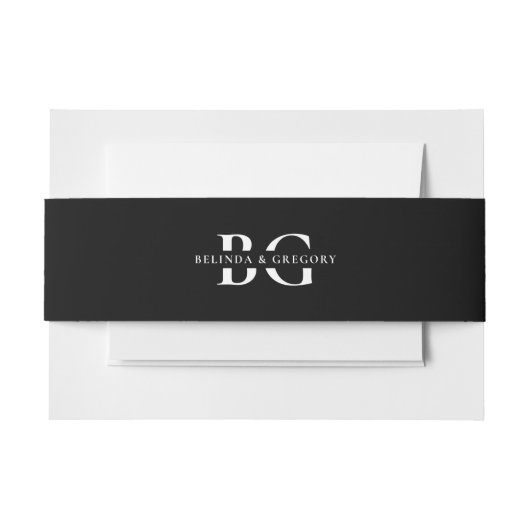 白黒エレガントモノグラムイニシャル結婚ズ 招待状ベリーバンド (正面例)