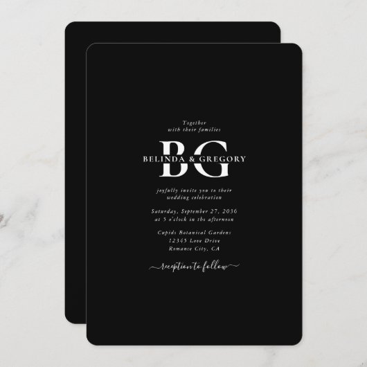 白黒エレガントモノグラムイニシャル結婚ズ 招待状 (正面/裏面)