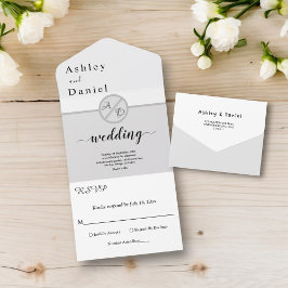 白黒エレガントモノグラムグレーシック結婚ズ オールインワン招待状