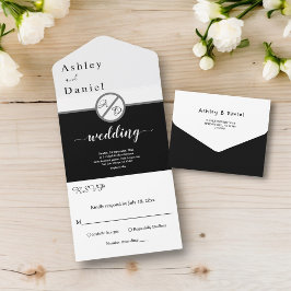 白黒エレガントモノグラムモダン結婚の オールインワン招待状