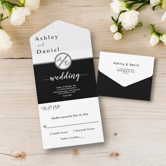 白黒エレガントモノグラムモダン結婚の オールインワン招待状