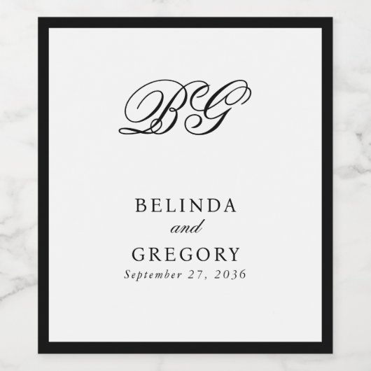 白黒エレガントモノグラム結婚式の引き出物 ワインラベル (シングルラベル)