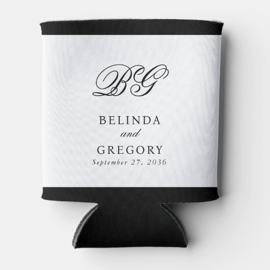 白黒エレガントモノグラム結婚式の引き出物 缶クーラー (正面)