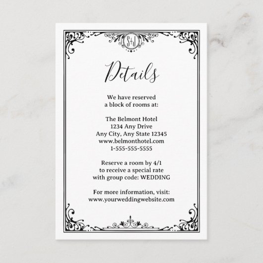 白黒エレガントモノグラム結婚詳細 エンクロージャーカード (正面)