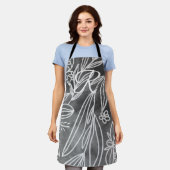 白黒エレガントモノグラム葉スケッチ エプロン (着用した状態)