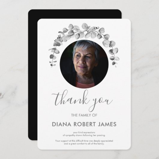 白黒エレガントユーカリ写真悔やみや弔慰 サンキューカード (正面/裏面)
