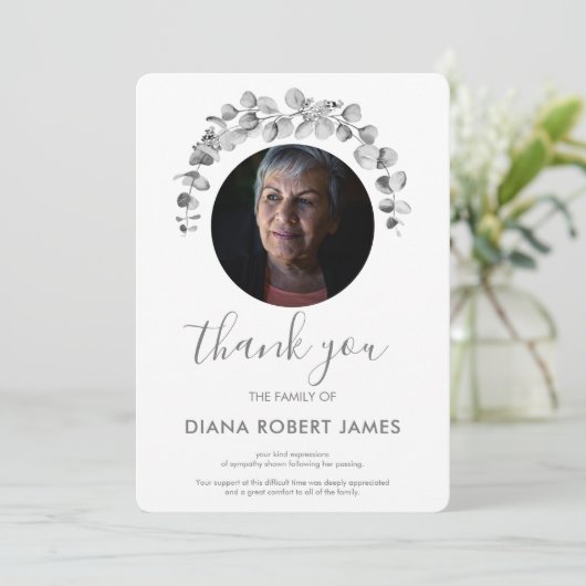 白黒エレガントユーカリ写真悔やみや弔慰 サンキューカード (スタンド正面)