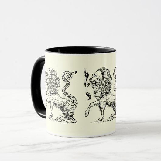 白黒エレガントライオンのスケッチ – ヴィンテージ マグカップ (正面左)