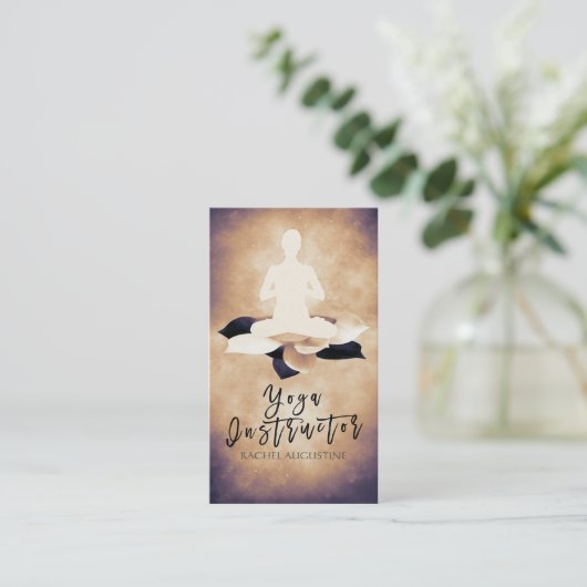 白黒エレガントロータスとヨガ瞑想ポーズ 名刺 (スタンド正面)