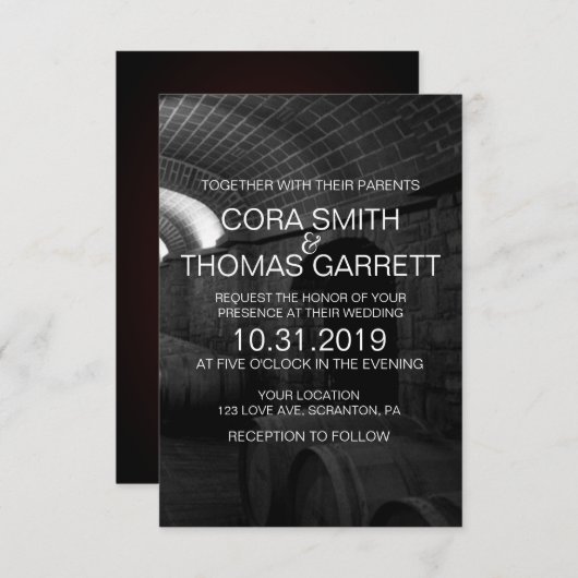 白黒エレガントワインセラー結婚のカード 招待状 (正面/裏面)