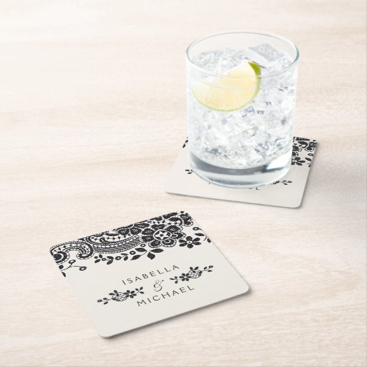 白黒エレガントヴィンテージレ結婚ース スクエアペーパーコースター (インサイチュ)