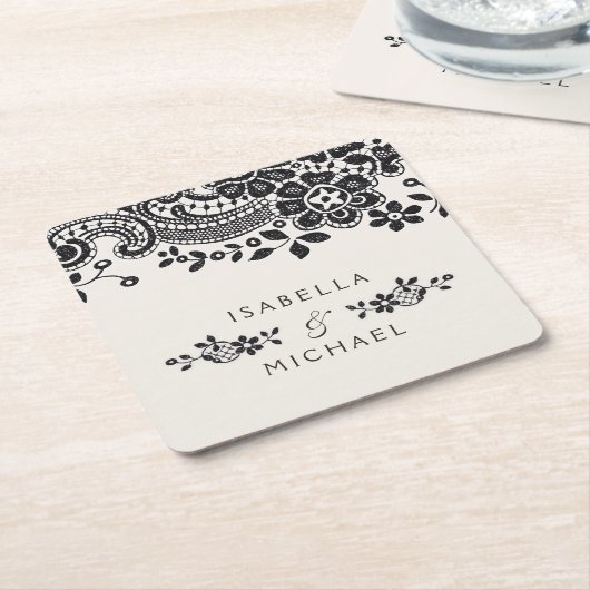 白黒エレガントヴィンテージレ結婚ース スクエアペーパーコースター (アングル)