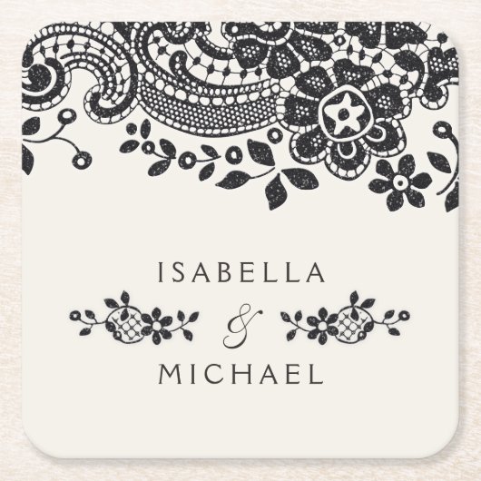 白黒エレガントヴィンテージレ結婚ース スクエアペーパーコースター (正面)