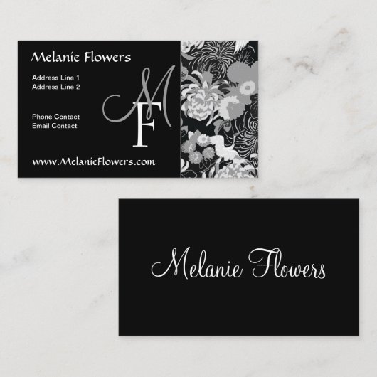 白黒エレガントヴィンテージ花モノグラム 名刺 (正面/裏面)