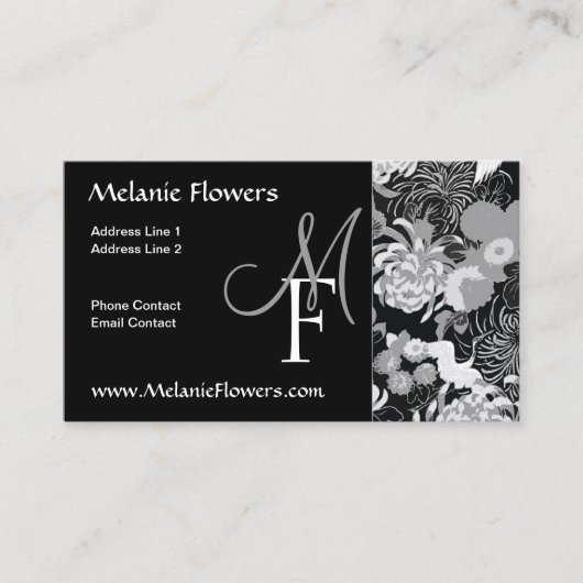 白黒エレガントヴィンテージ花モノグラム 名刺 (正面)