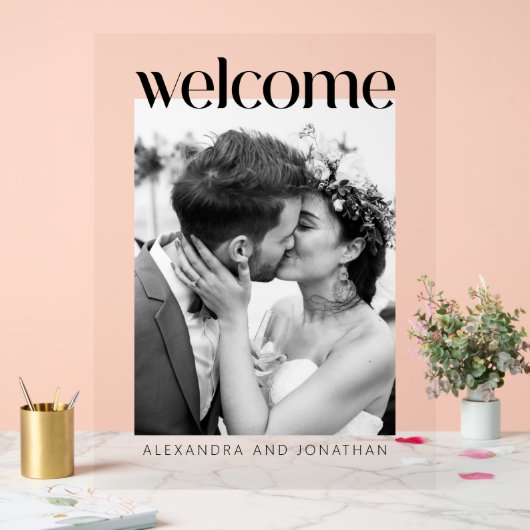 白黒エレガント写真の結婚歓迎 アクリルサイン (ウェディング)