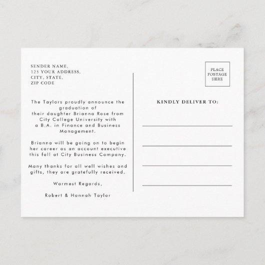 白黒エレガント写真卒業 案内ポストカード (裏面)