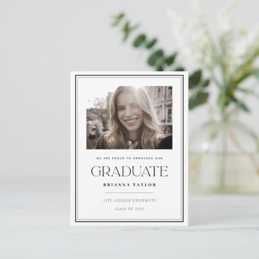白黒エレガント写真卒業 案内ポストカード (スタンド正面)