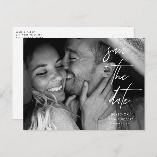 白黒エレガント写真日付の保存 案内ポストカード (正面/裏面)