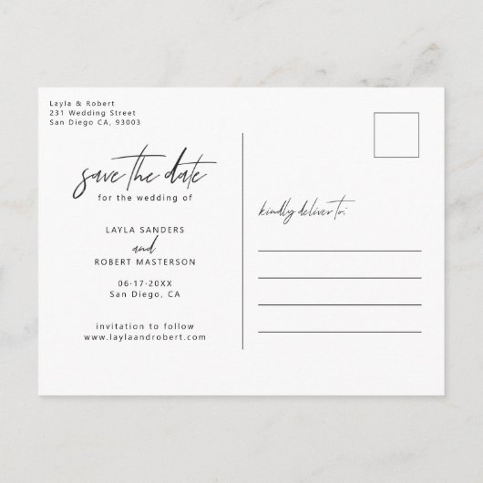 白黒エレガント写真日付の保存 案内ポストカード (裏面)