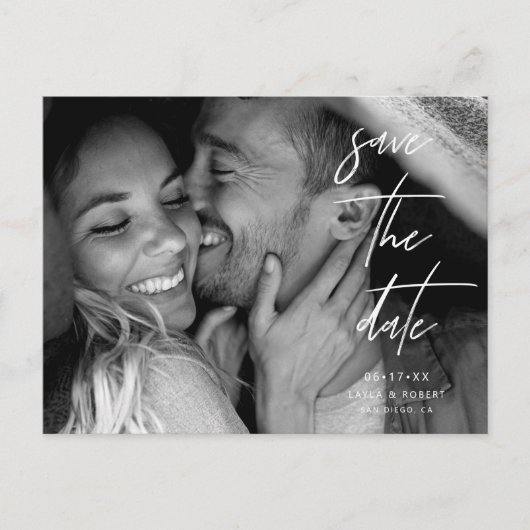 白黒エレガント写真日付の保存 案内ポストカード (正面)