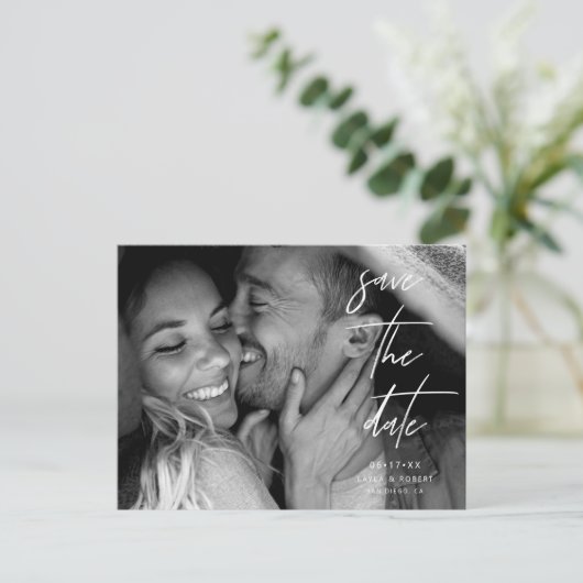 白黒エレガント写真日付の保存 案内ポストカード (スタンド正面)