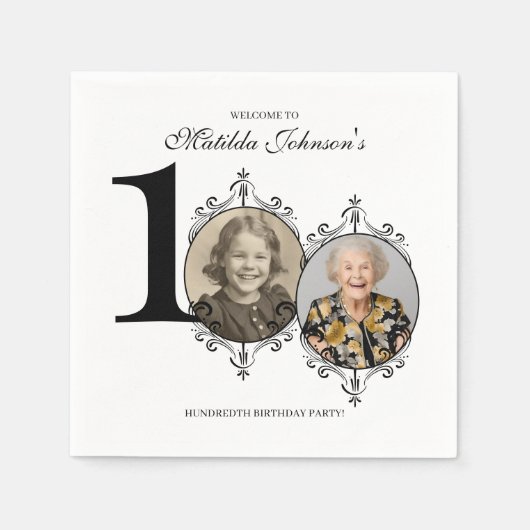 白黒エレガント写真100th誕生日パーティー スタンダードカクテルナプキン (正面)