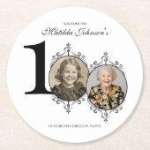 白黒エレガント写真100th誕生日パーティー ラウンドペーパーコースター (正面)