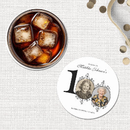 白黒エレガント写真100th誕生日パーティー ラウンドペーパーコースター