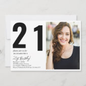 白黒エレガント写真21歳の誕生日パーティー 招待状 (正面)