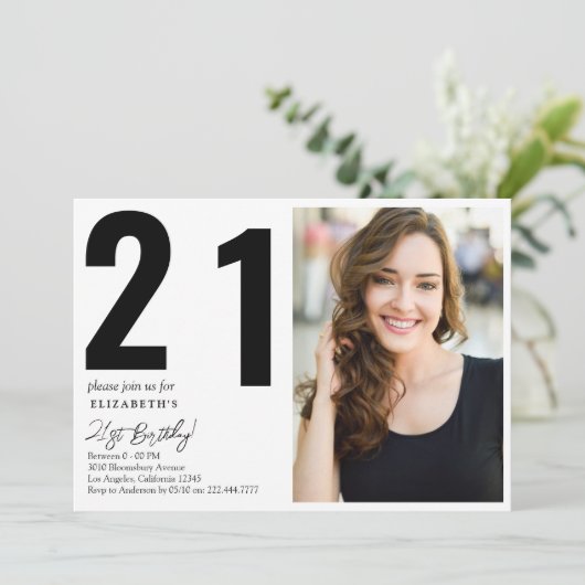 白黒エレガント写真21歳の誕生日パーティー 招待状 (スタンド正面)
