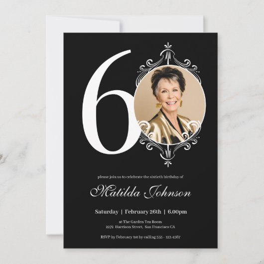 白黒エレガント写真60誕生日 招待状 (正面)
