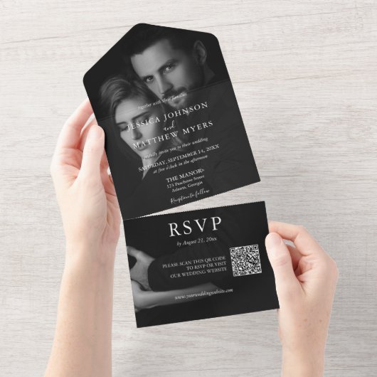 白黒エレガント写真QRコードAll-in-one オールインワン招待状 (貼ってはがせる)