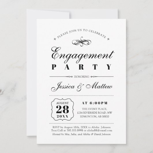 白黒エレガント婚約パーティ 招待状 (正面)