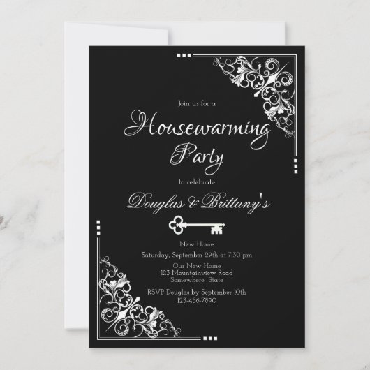 白黒エレガント引っ越し祝いパーティーパーティー 招待状 (正面)