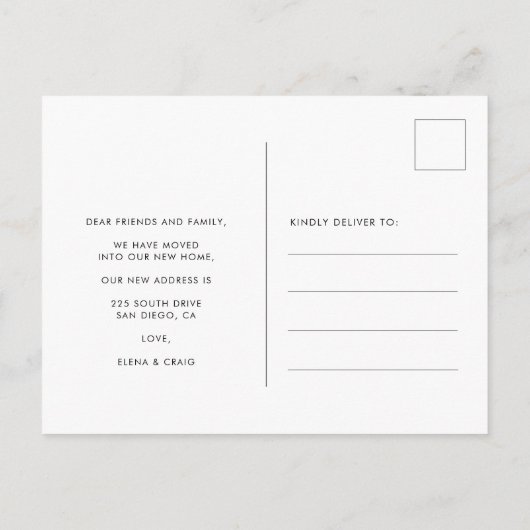 白黒エレガント我々は発表を移動した 案内ポストカード (裏面)