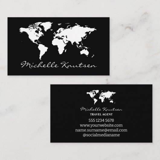 白黒エレガント旅行代理店の世界地図 名刺 (正面/裏面)