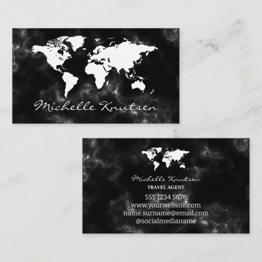 白黒エレガント旅行代理店の世界地図 名刺 (正面/裏面)