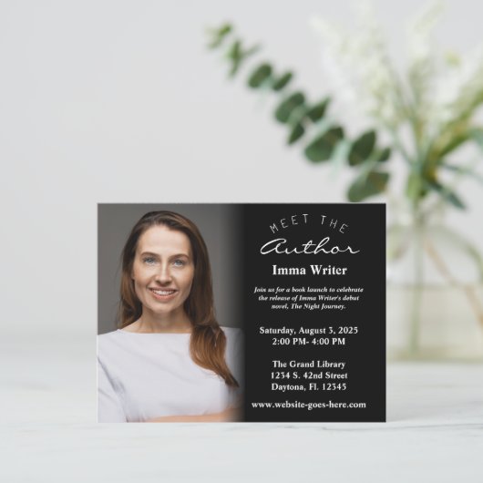 白黒エレガント書籍立ち上げフォト招待状 ポストカード (スタンド正面)