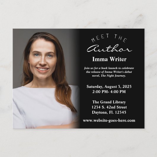 白黒エレガント書籍立ち上げフォト招待状 ポストカード (正面)