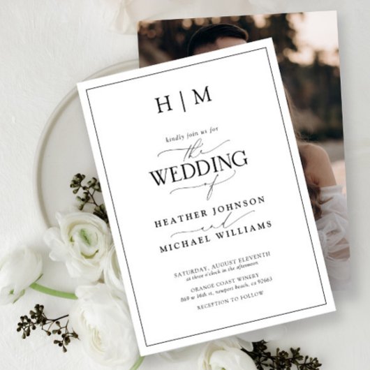 白黒エレガント書道モノグラム写真 招待状