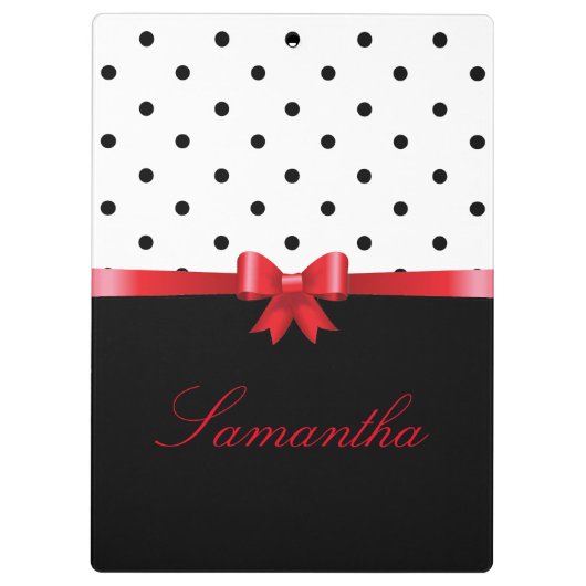 白黒エレガント水玉模様レッドボウのパーソナライズ クリップボード (裏面)