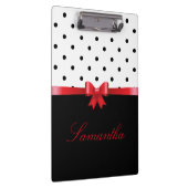 白黒エレガント水玉模様レッドボウのパーソナライズ クリップボード (右)