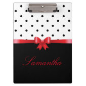 白黒エレガント水玉模様レッドボウのパーソナライズ クリップボード (正面)