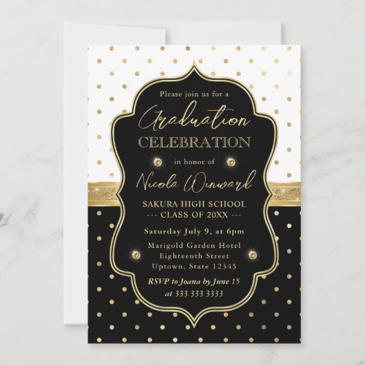 白黒エレガント水玉模様卒業 招待状 (正面)